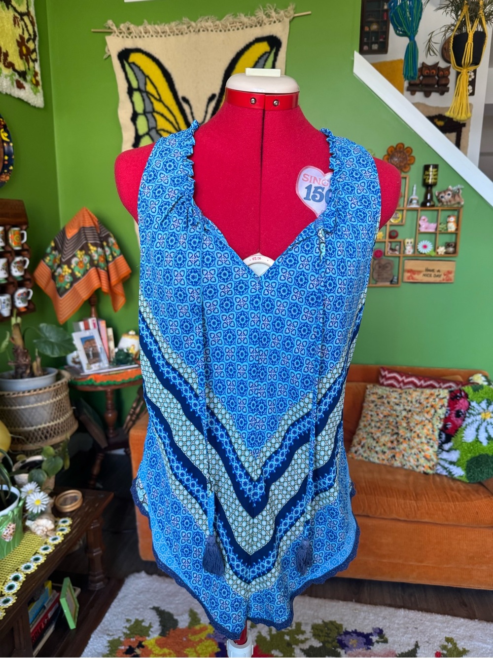 Blue Patterned Sleeveless Women’s Top